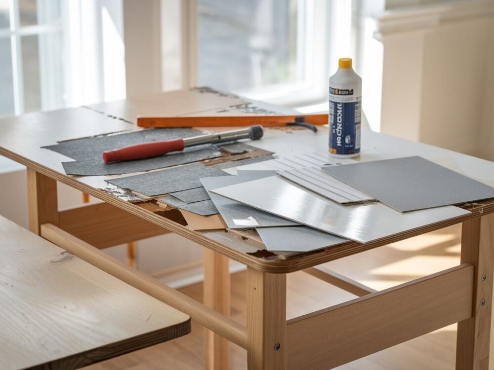 Proces szlifowania powierzchni stołu przed renowacją