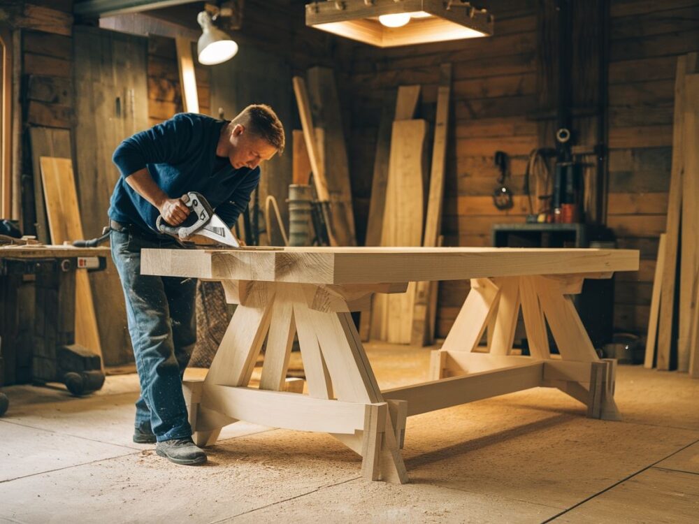 Proces tworzenia stołu przez stolarza w warsztacie