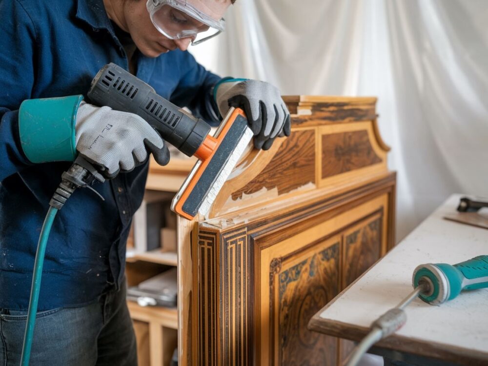 Proces usuwania forniru za pomocą mokrego ręcznika i gorącego żelazka