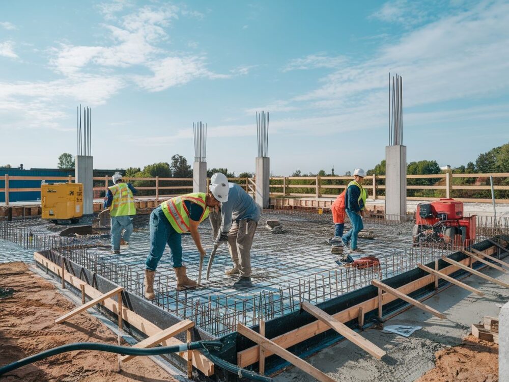 Proces wylewania betonu na płytę fundamentową