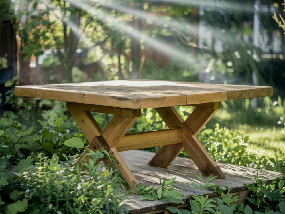 Samodzielnie wykonany drewniany stół ogrodowy