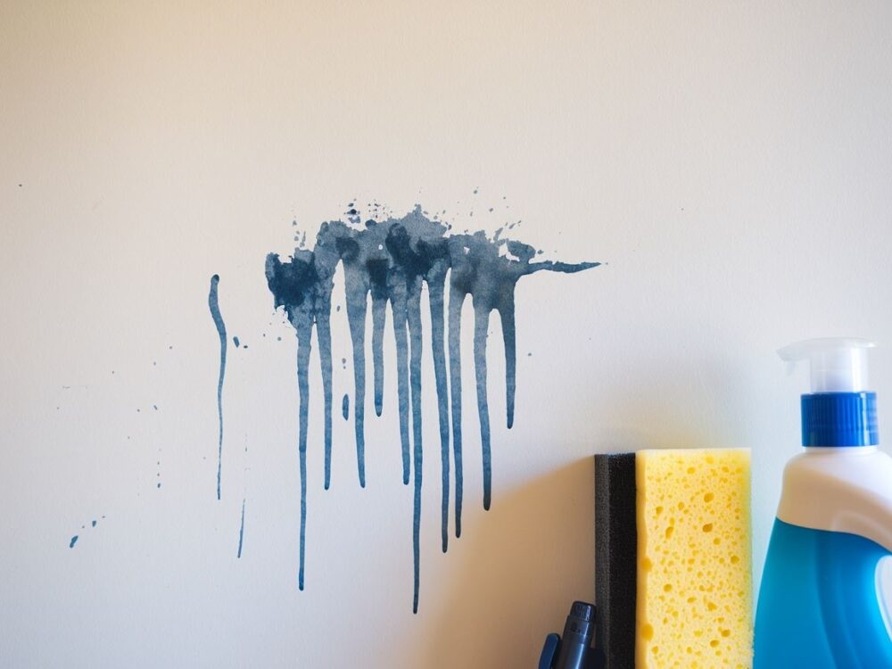 Ślady długopisu na jasnej ścianie przed czyszczeniem