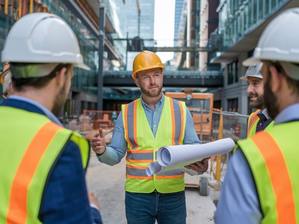 Spotkanie kierownika budowy z inżynierami na miejscu pracy