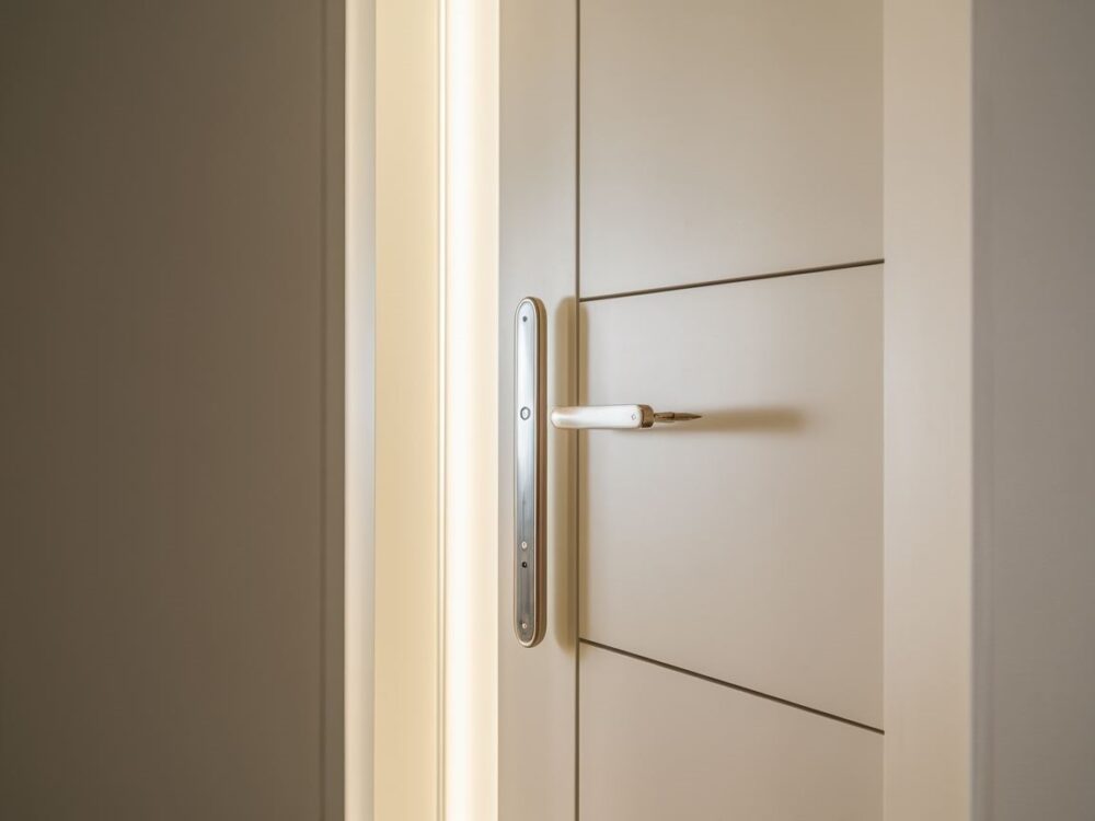Srebrna klamka na białych drzwiach w nowoczesnym wnętrzu