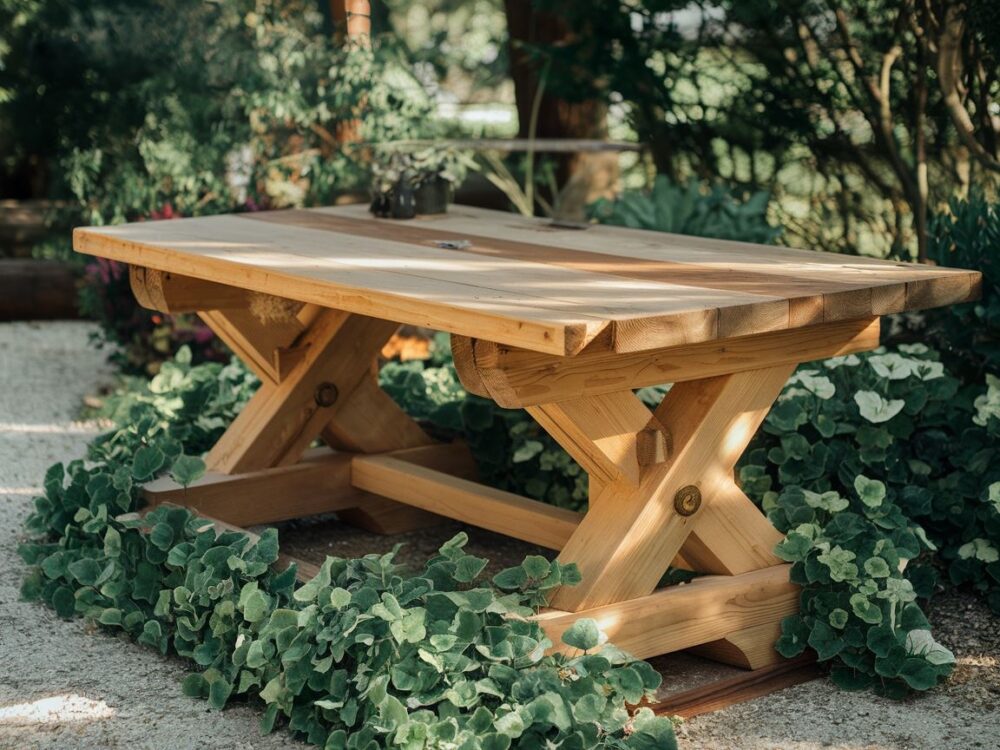 Stół ogrodowy z desek w stylu rustykalnym