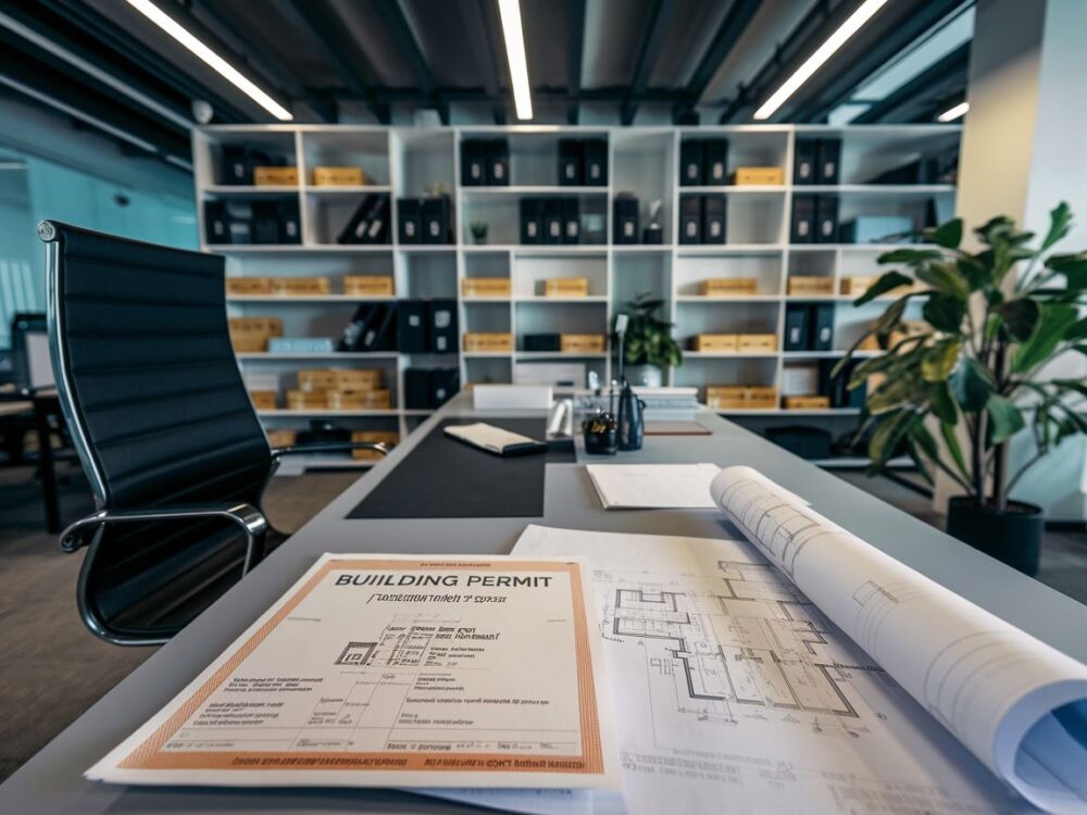 Stół z dokumentami budowlanymi i laptopem