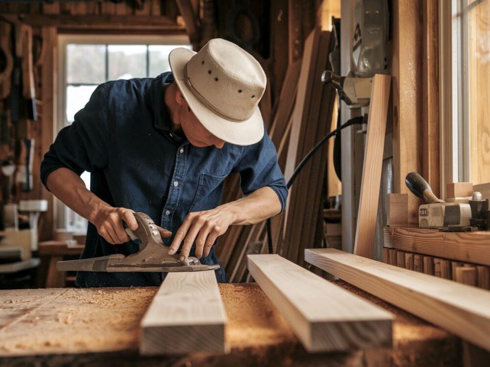 Stolarz pracujący nad deską w otoczeniu narzędzi