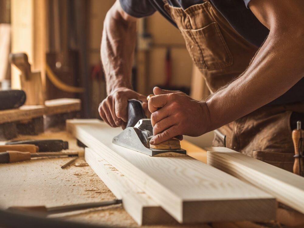 Stolarz wygładzający powierzchnię deski ręcznym heblem