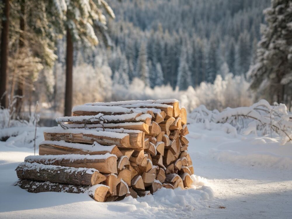 Stos drewna pokryty szronem w zimowej scenerii