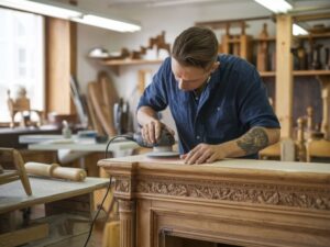 Szlifierka oscylacyjna w akcji na powierzchni drewna