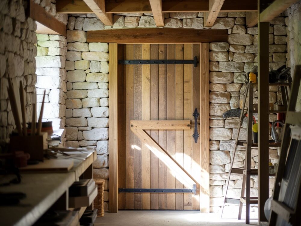 Warsztat stolarski z drewnianymi drzwiami w trakcie pracy