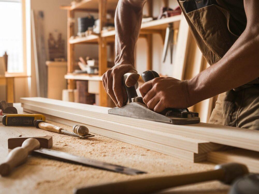 Warsztat stolarski z narzędziami i drewnem na stole