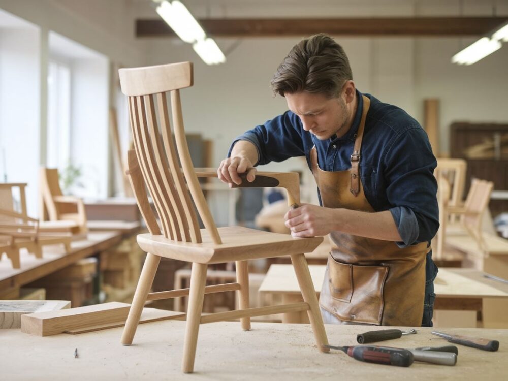 Warsztat stolarza z różnorodnymi narzędziami