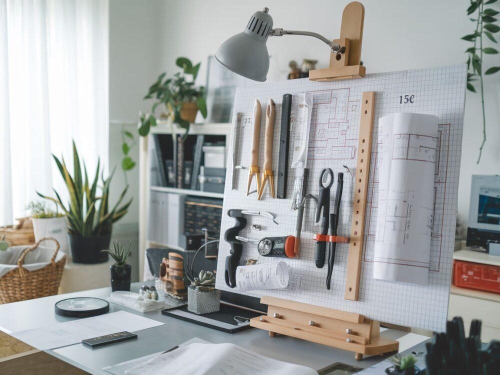 Warsztat z narzędziami do montażu tablicy budowy