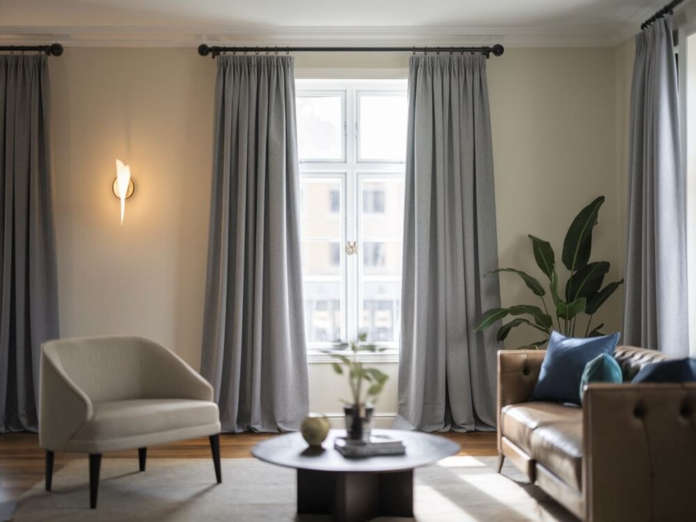 Widok na okno z karniszem zamontowanym wysoko