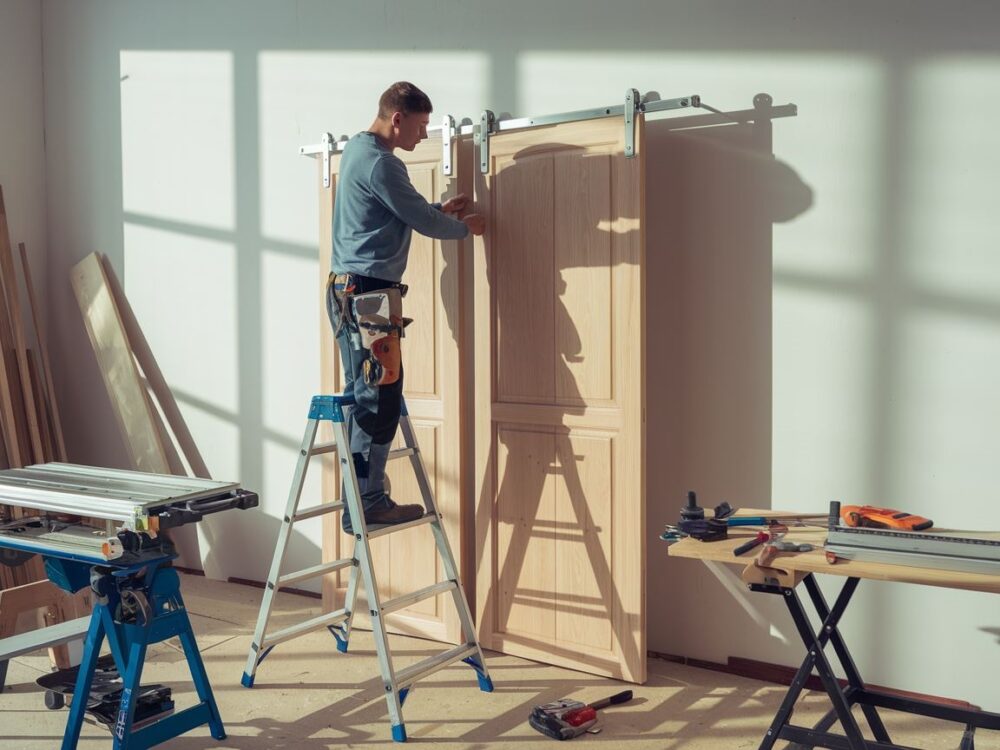 Widok na zamontowane drzwi z nowymi zawiasami