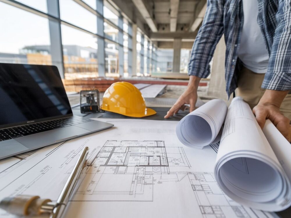 Widok placu budowy z pracownikami i sprzętem