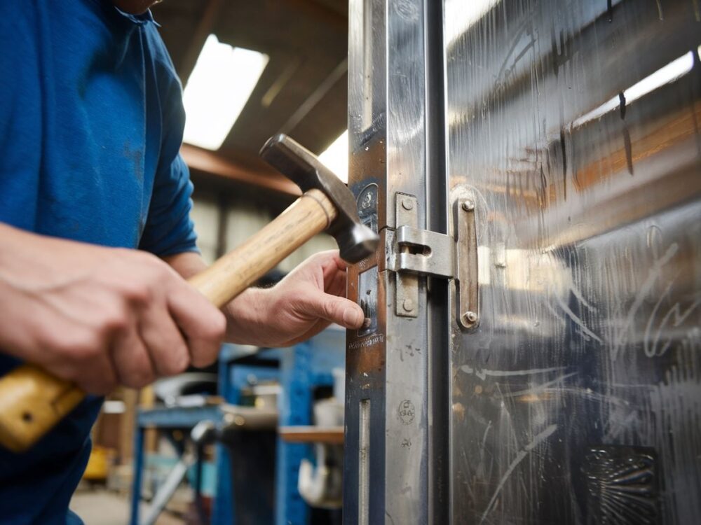 Wiercenie otworów w metalowej futrynie pod zawias