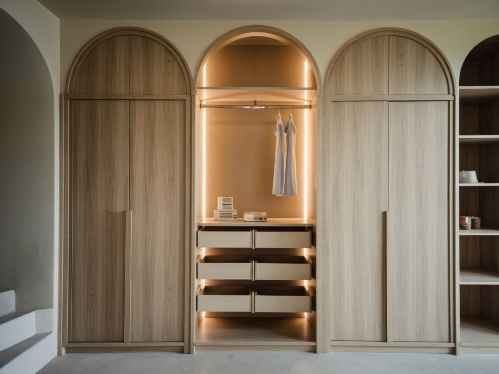 Wnętrze szafy wnękowej z drewnianymi półkami