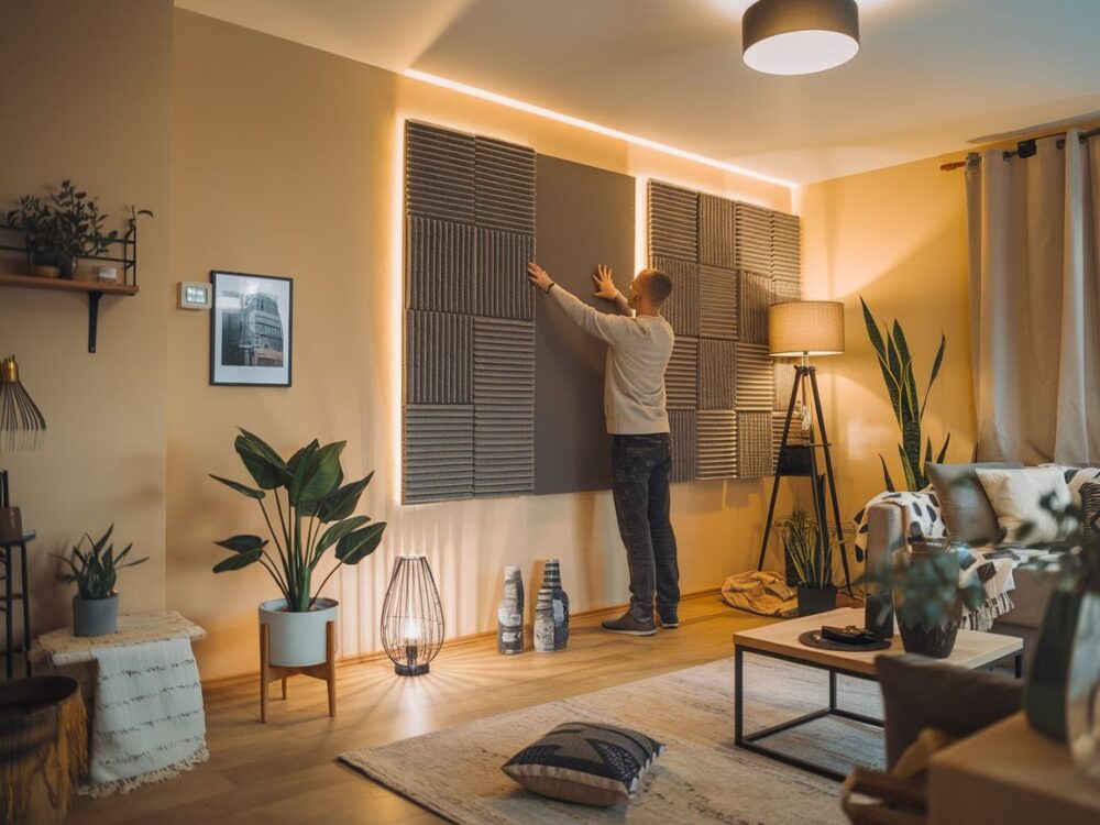 Wnętrze z panelami dźwiękochłonnymi na ścianie