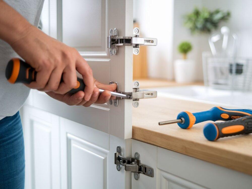 Zawiasy meblowe w trakcie regulacji pionowej