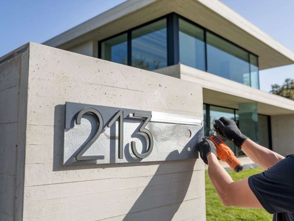 Zbliżenie na instalację numeru domu na ścianie