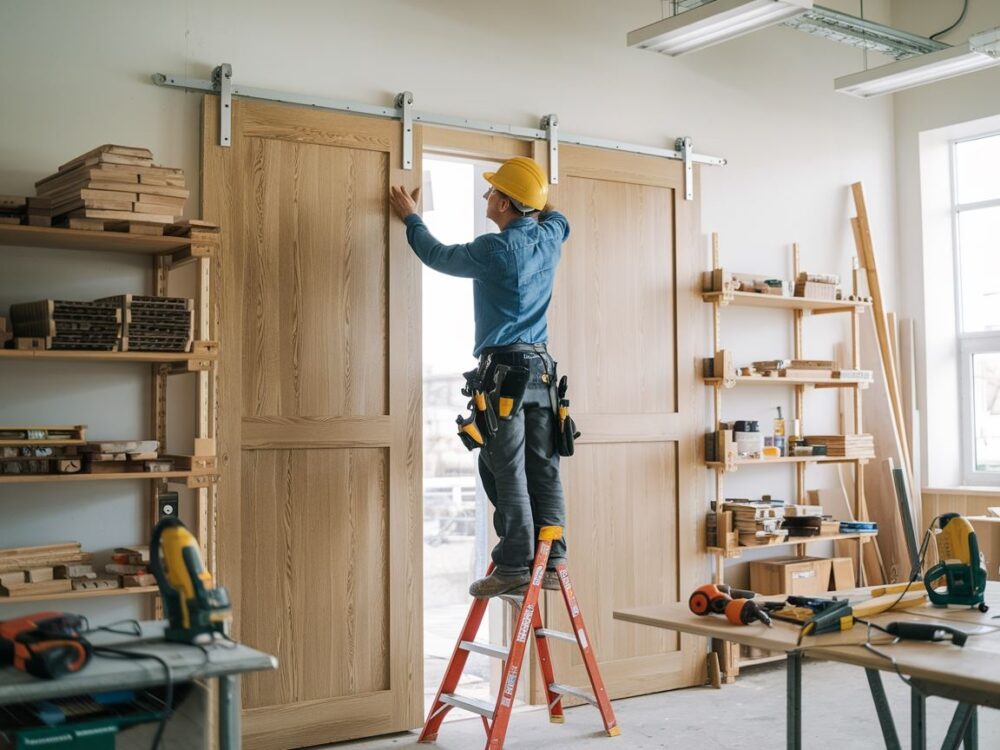 Zbliżenie na śruby i wkrętarkę podczas montażu drzwi