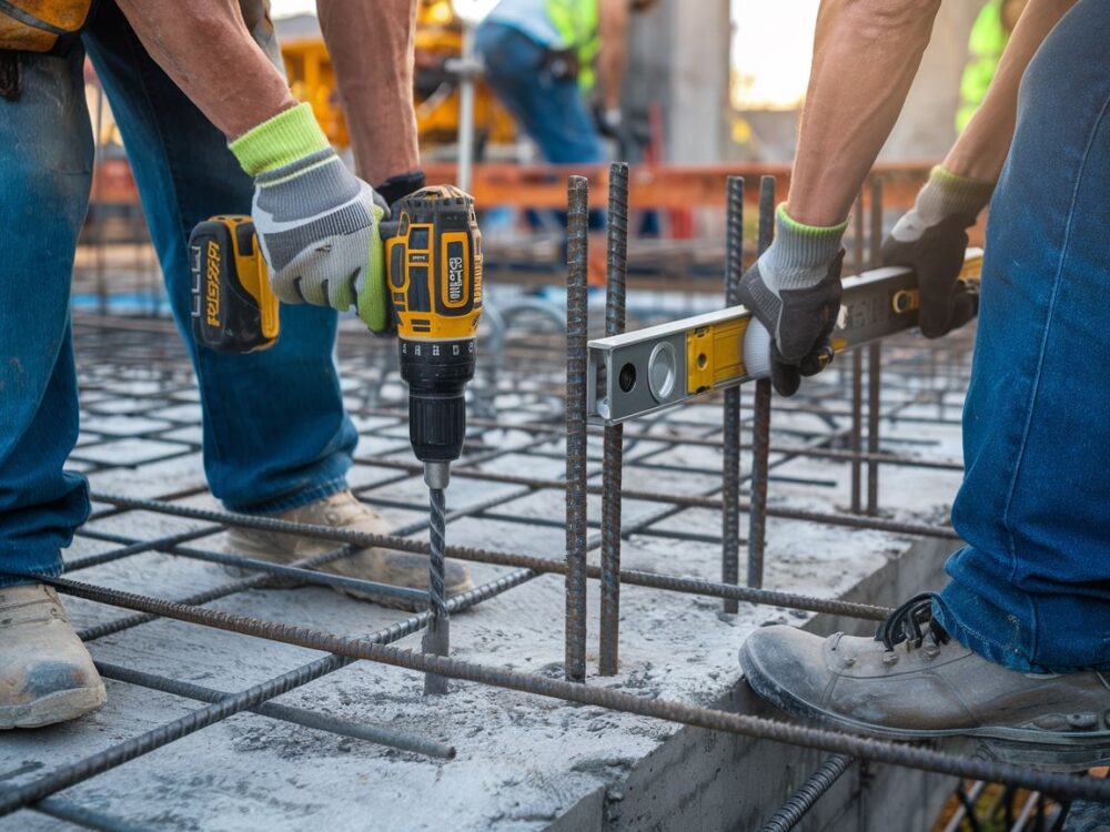 Zbliżenie na strzemiona używane w zbrojeniu fundamentu
