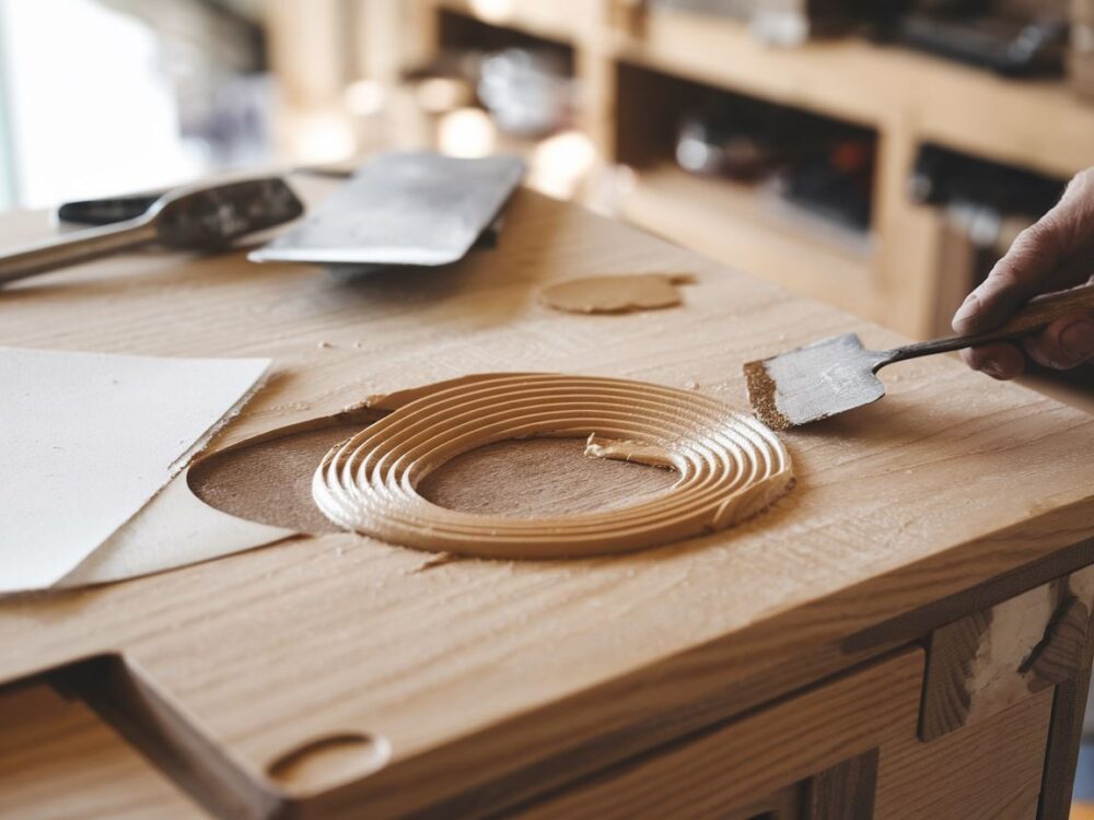 Zbliżenie na szpachlę nakładaną na uszkodzony mebel