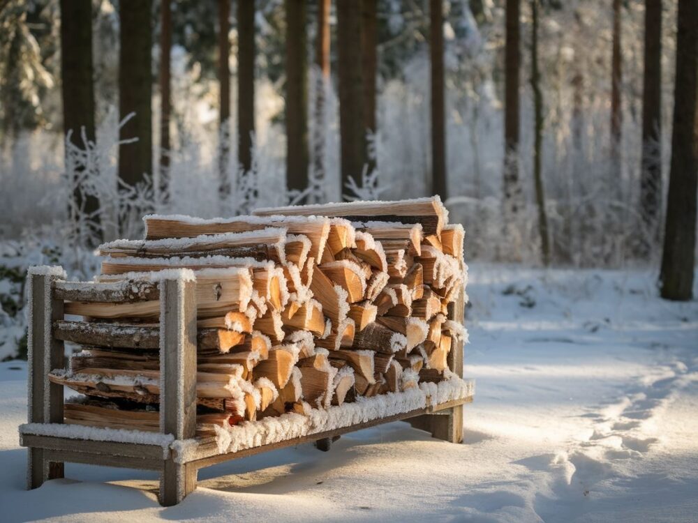 Zbliżenie na zamarznięte włókna drewna w zimowym świetle