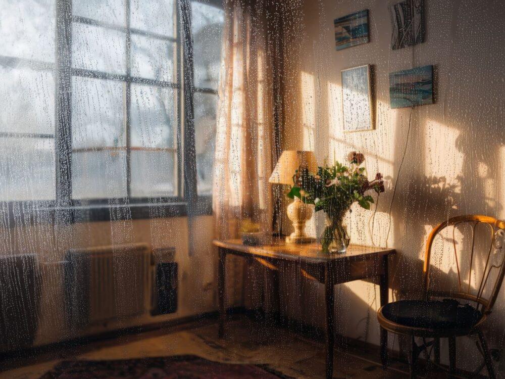 Zbliżenie na zaparowane okno w domu