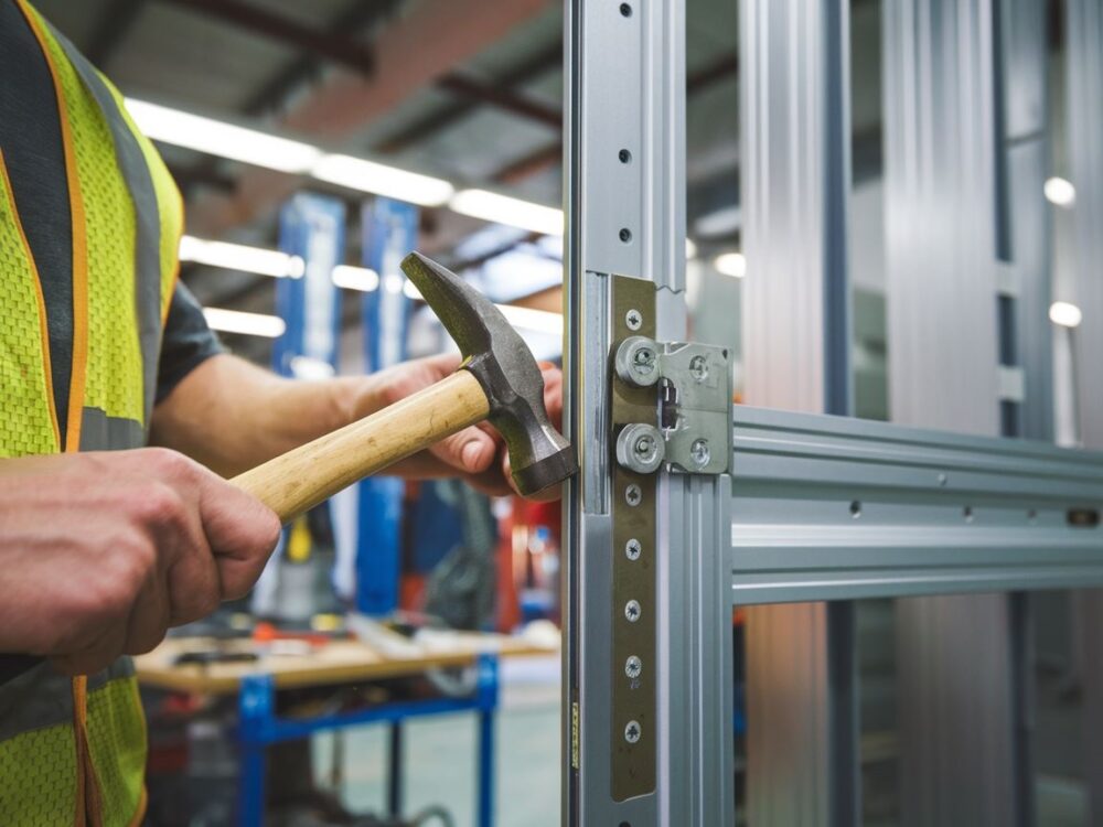 Zbliżenie na zawias przykręcany do metalowej ramy drzwi