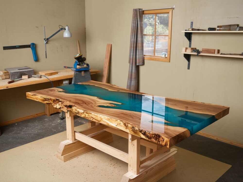 Żywica epoksydowa tworząca rzekę między deskami